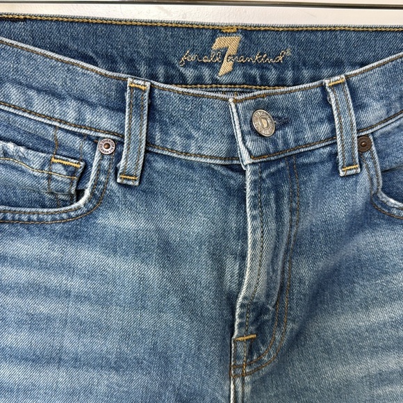 7 FOR ALL MANKIND High Waist Bermuda Denim Shorts Size 26 Medium Wash Raw Hem - Picture 5 of 15